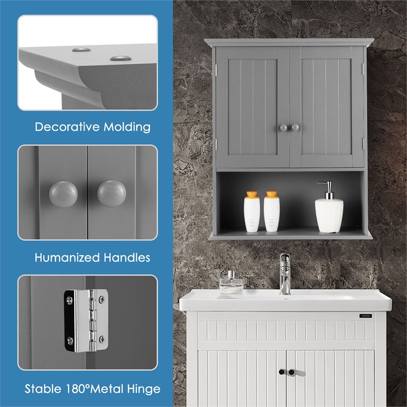 Costway Contemporary MDF Wall Mount Bathroom Cabinet in Gray