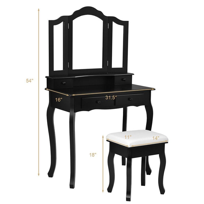 Costway Contemporary MDF Makeup Desk Vanity Set with 4 Drawers & Mirror in Black