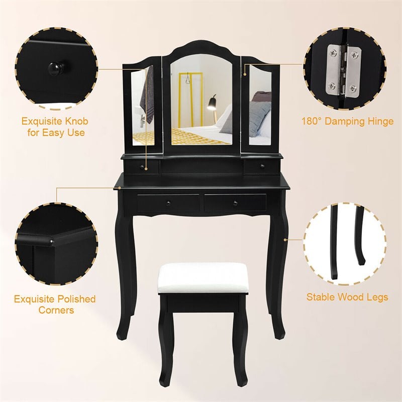 Costway Contemporary MDF Makeup Desk Vanity Set with 4 Drawers & Mirror in Black