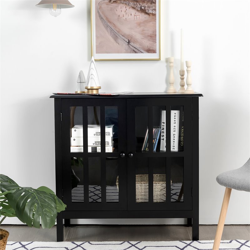 Costway Contemporary Pine Wood Free Standing Storage Buffet Cabinet in Black