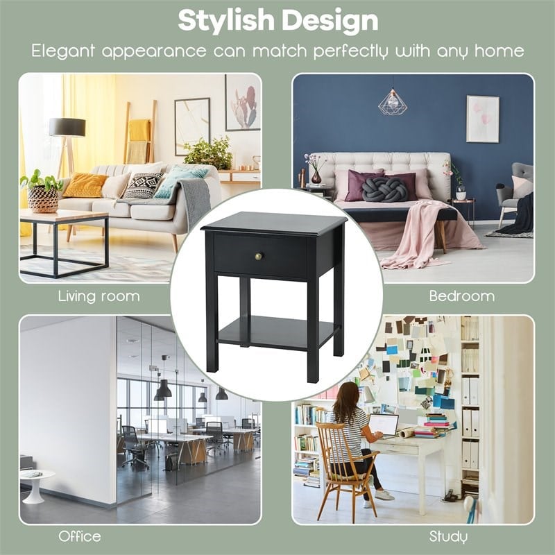 Costway Contemporary MDF Nightstand with Spacious Tabletop in Black