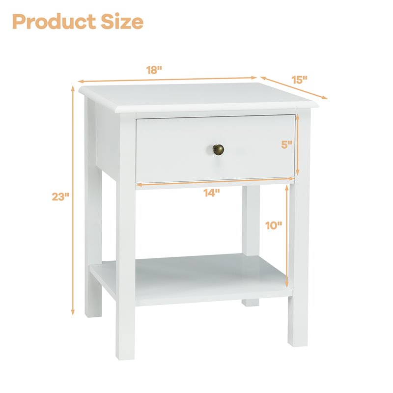 Costway Contemporary MDF Nightstand with Spacious Tabletop in White