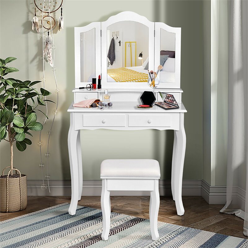 Costway Contemporary MDF Makeup Desk Vanity Set with 4 Drawers in White