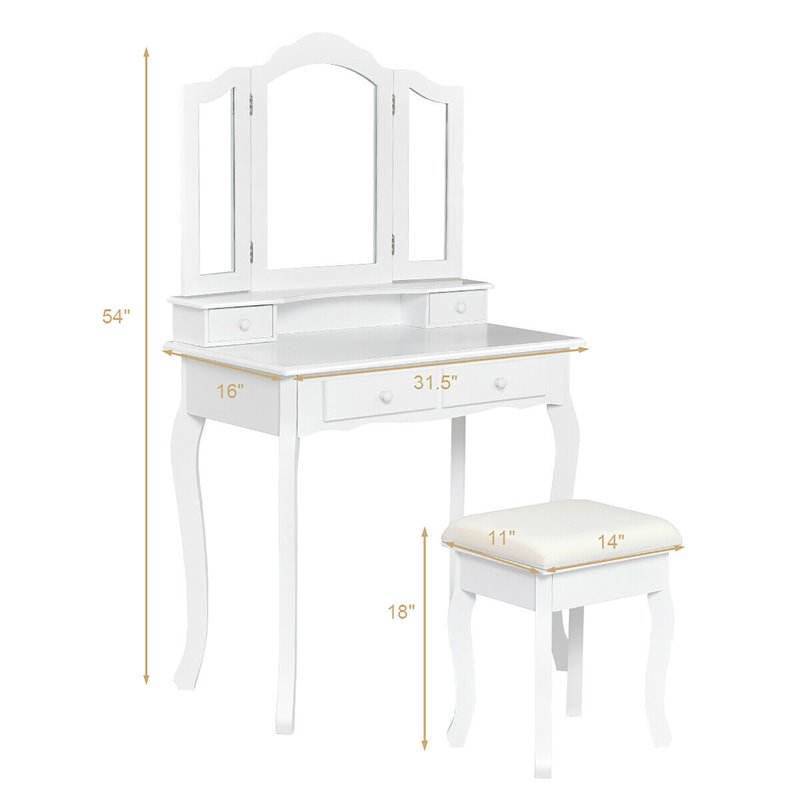 Costway Contemporary MDF Makeup Desk Vanity Set with 4 Drawers in White