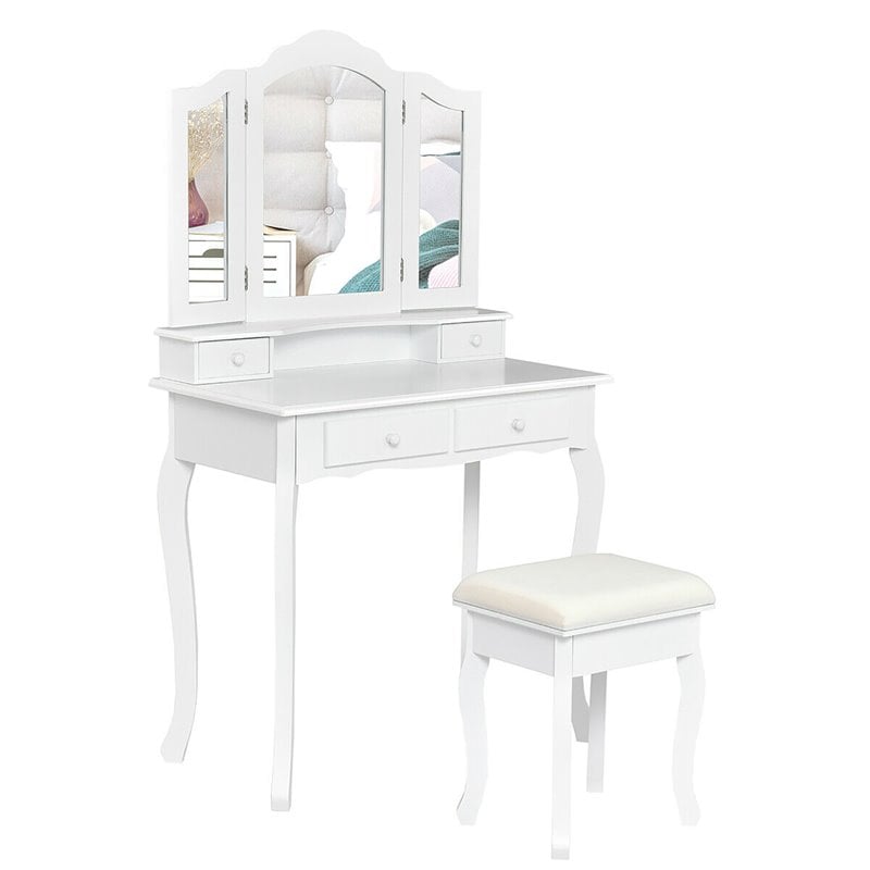 Costway Contemporary MDF Makeup Desk Vanity Set with 4 Drawers in White