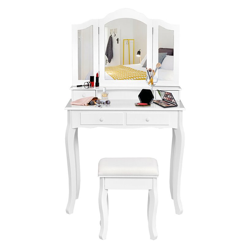Costway Contemporary MDF Makeup Desk Vanity Set with 4 Drawers in White