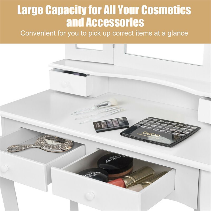 Costway Contemporary MDF Makeup Desk Vanity Set with 4 Drawers in White