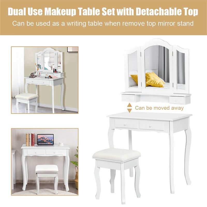 Costway Contemporary MDF Makeup Desk Vanity Set with 4 Drawers in White