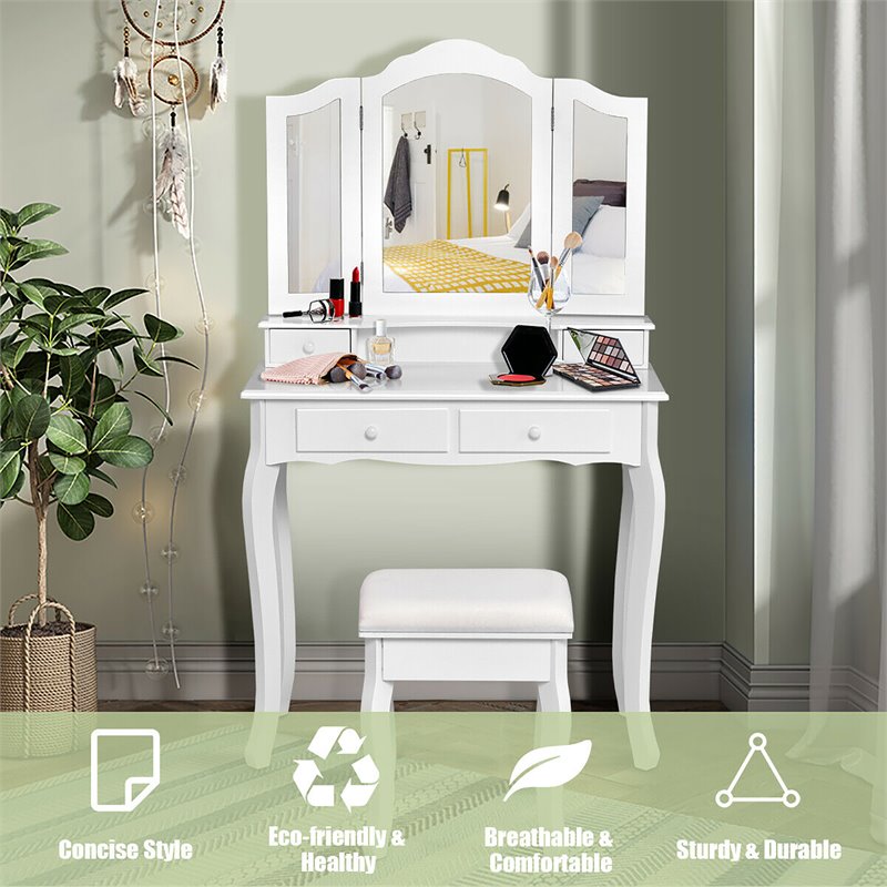 Costway Contemporary MDF Makeup Desk Vanity Set with 4 Drawers in White