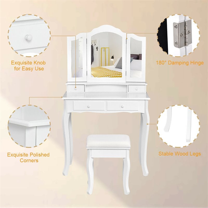 Costway Contemporary MDF Makeup Desk Vanity Set with 4 Drawers in White