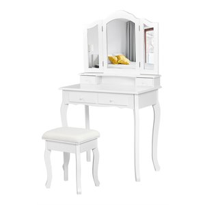 Costway Contemporary MDF Makeup Desk Vanity Set with 4 Drawers in White