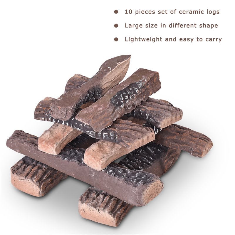 Costway 10-piece Contemporary Ceramic Realistic Wood Gas Logs in Brown