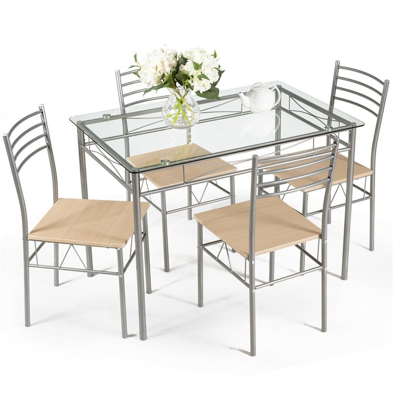 Costway 5-piece Glass and Steel Dining Set with Table and 4 Chairs in Silver