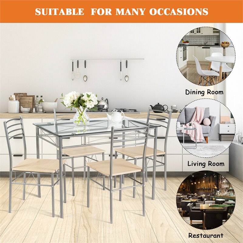 Costway 5-piece Glass and Steel Dining Set with Table and 4 Chairs in Silver