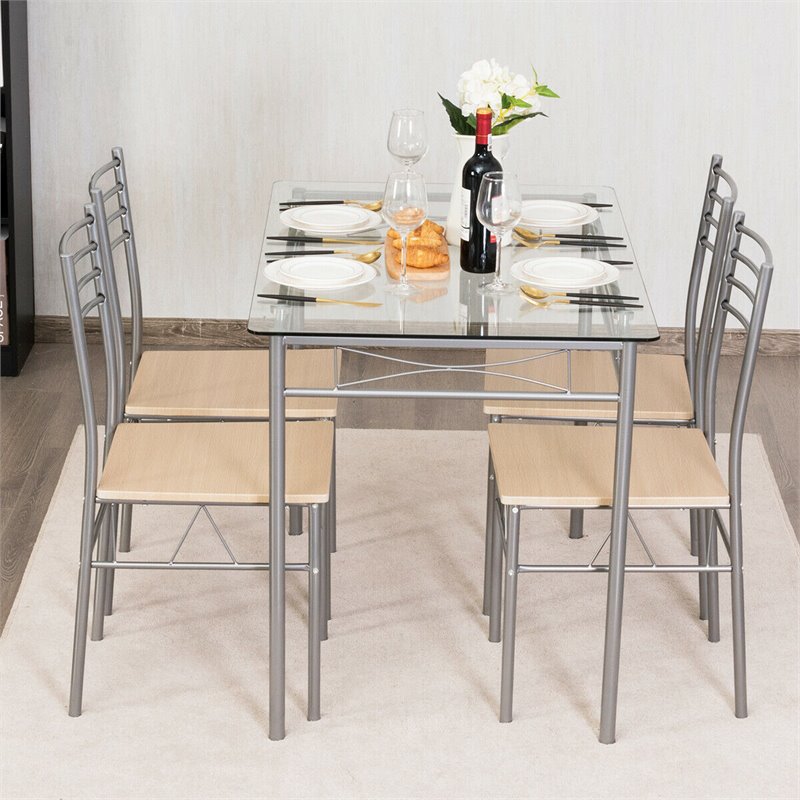 Costway 5-piece Glass and Steel Dining Set with Table and 4 Chairs in Silver