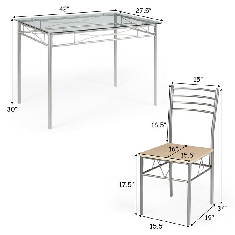 Costway 5-piece Glass and Steel Dining Set with Table and 4 Chairs in Silver