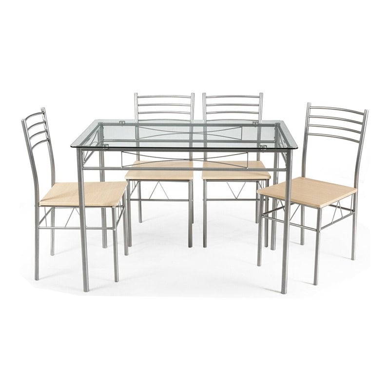 Costway 5-piece Glass and Steel Dining Set with Table and 4 Chairs in Silver