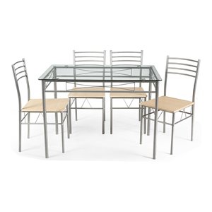 costway 5-piece glass and steel dining set with table and 4 chairs in silver