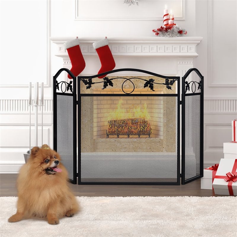 Costway 3-panel Contemporary Solid Steel Fireplace Screen in Black