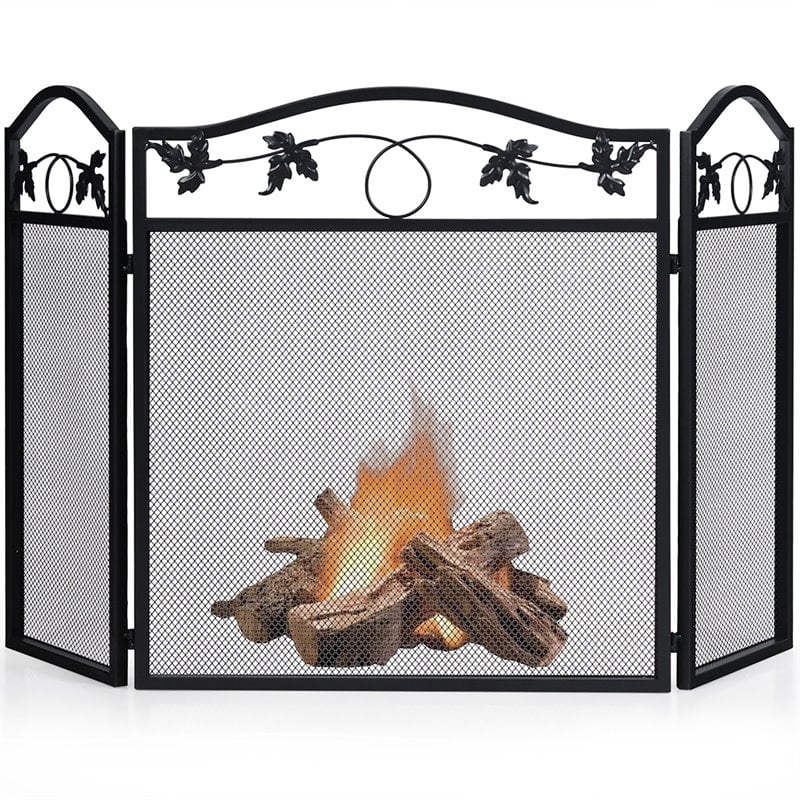 Costway 3-panel Contemporary Solid Steel Fireplace Screen in Black