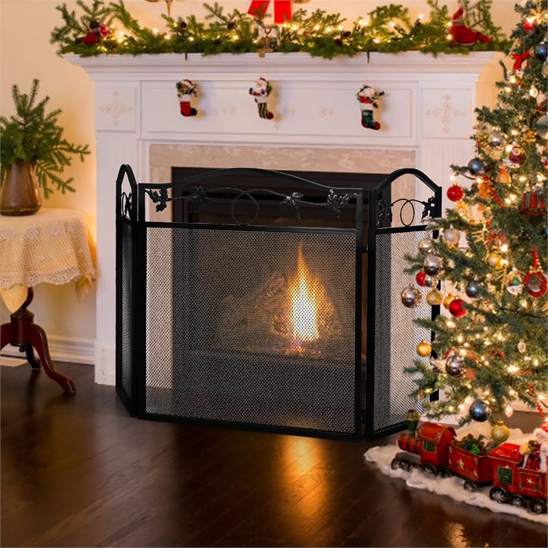 Costway 3-panel Contemporary Solid Steel Fireplace Screen in Black
