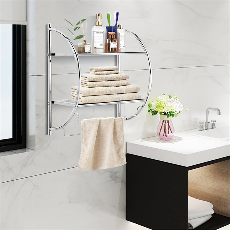 Costway 2-tier Contemporary Iron Wall Mount Bathroom Shelf in Silver