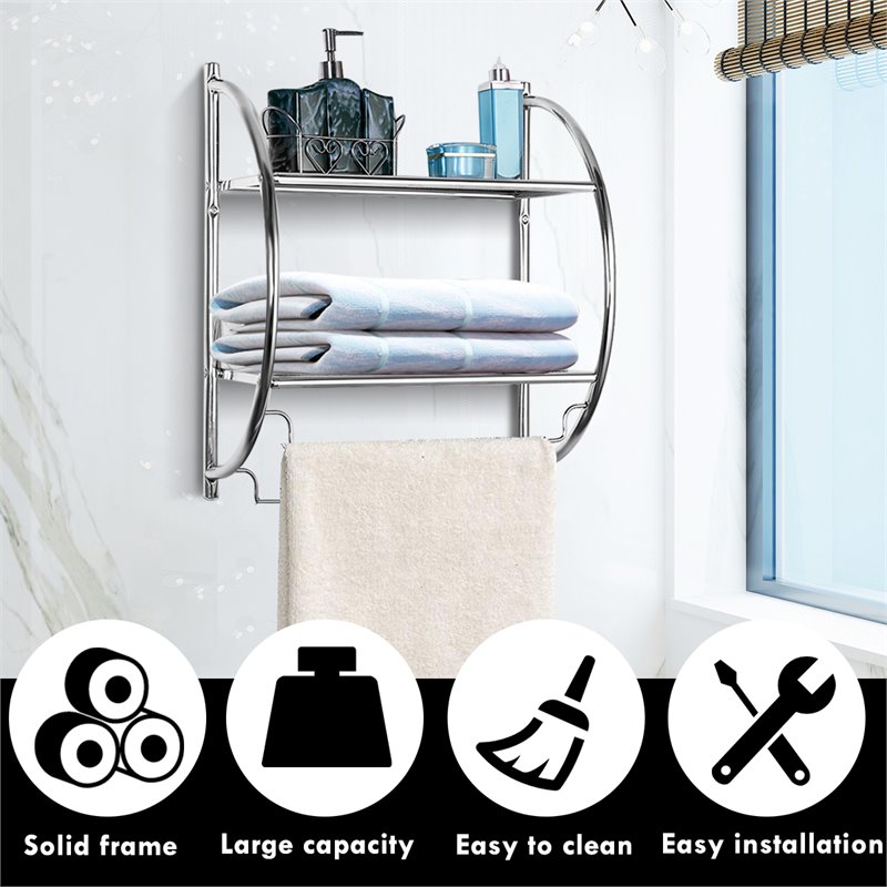 Costway 2-tier Contemporary Iron Wall Mount Bathroom Shelf in Silver