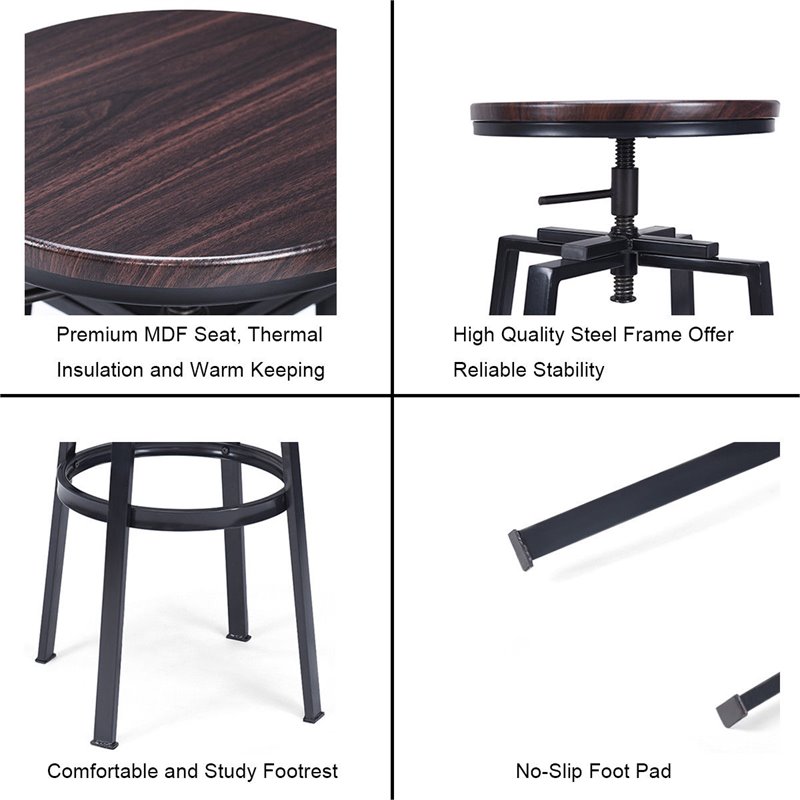 Costway Wood and Metal Adjustable Bar Stools in Brown (Set of 2)