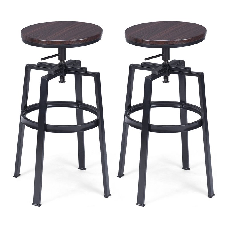 Costway Wood and Metal Adjustable Bar Stools in Brown (Set of 2)
