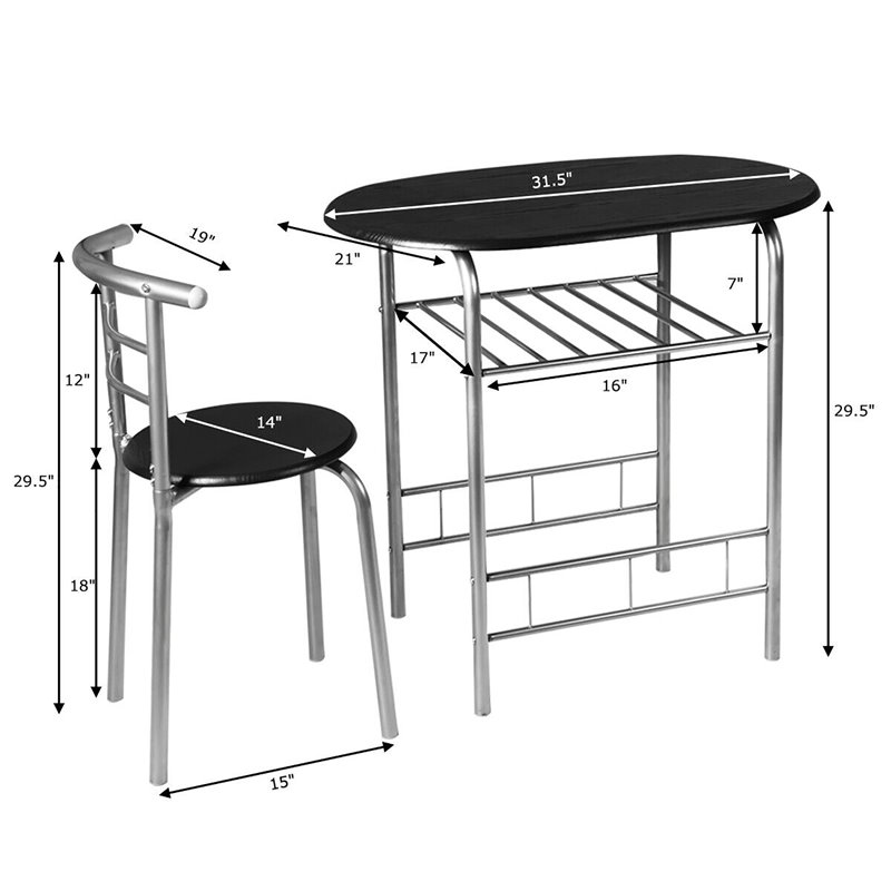 Costway 3-piece MDF and Iron Dining Set with Table and 2 Chairs in Silver/Black