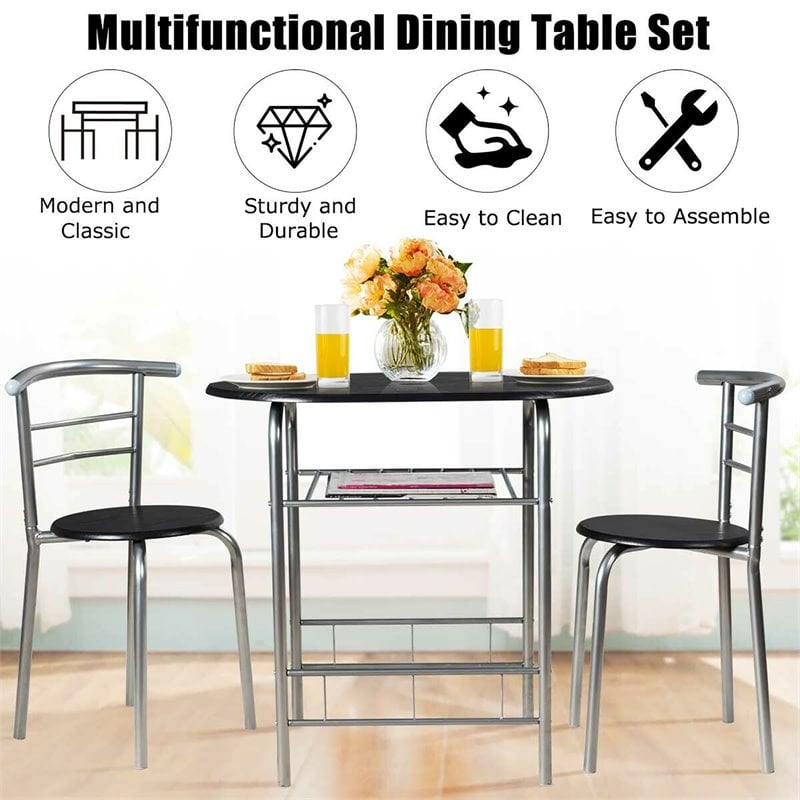 Costway 3-piece MDF and Iron Dining Set with Table and 2 Chairs in Silver/Black