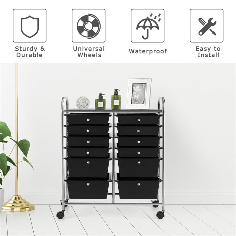 Costway 12-drawer Iron and Plastic Rolling Cart Storage in Black