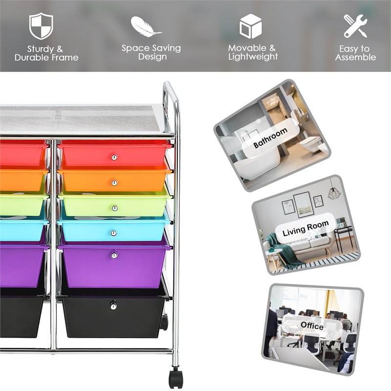 Costway 12-drawer Iron and Plastic Rolling Cart Storage in Multi-Color Finish