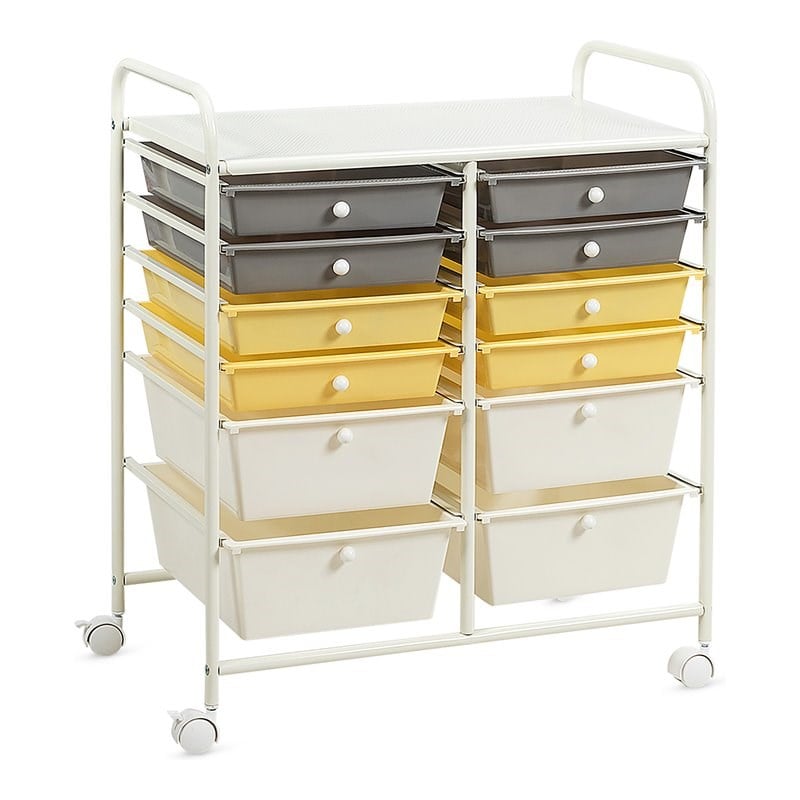 Costway 12-drawer Steel and Plastic Rolling Storage Cart in White/Yellow/Gray