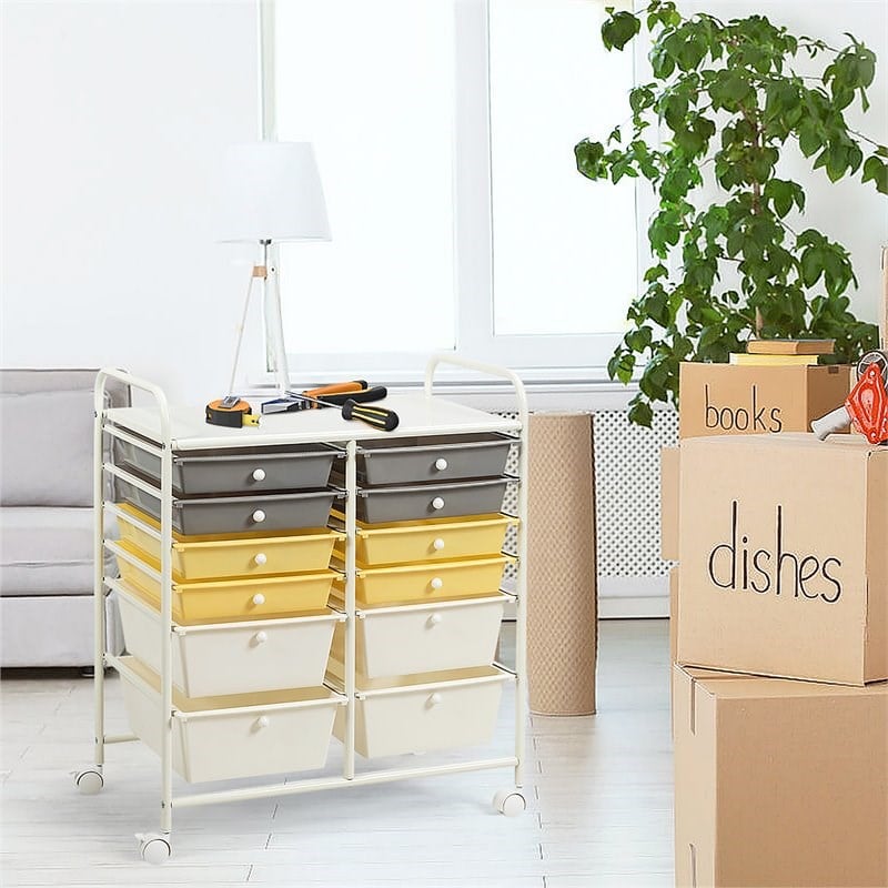Costway 12-drawer Steel and Plastic Rolling Storage Cart in White/Yellow/Gray