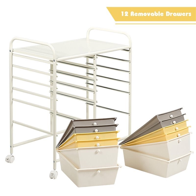 Costway 12-drawer Steel and Plastic Rolling Storage Cart in White/Yellow/Gray