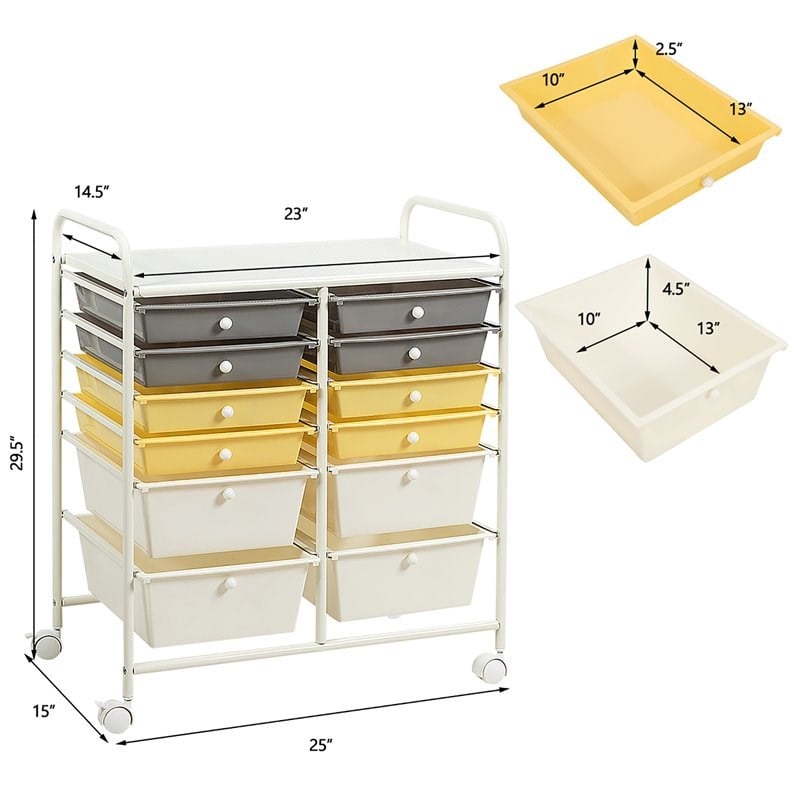 Costway 12-drawer Steel and Plastic Rolling Storage Cart in White/Yellow/Gray