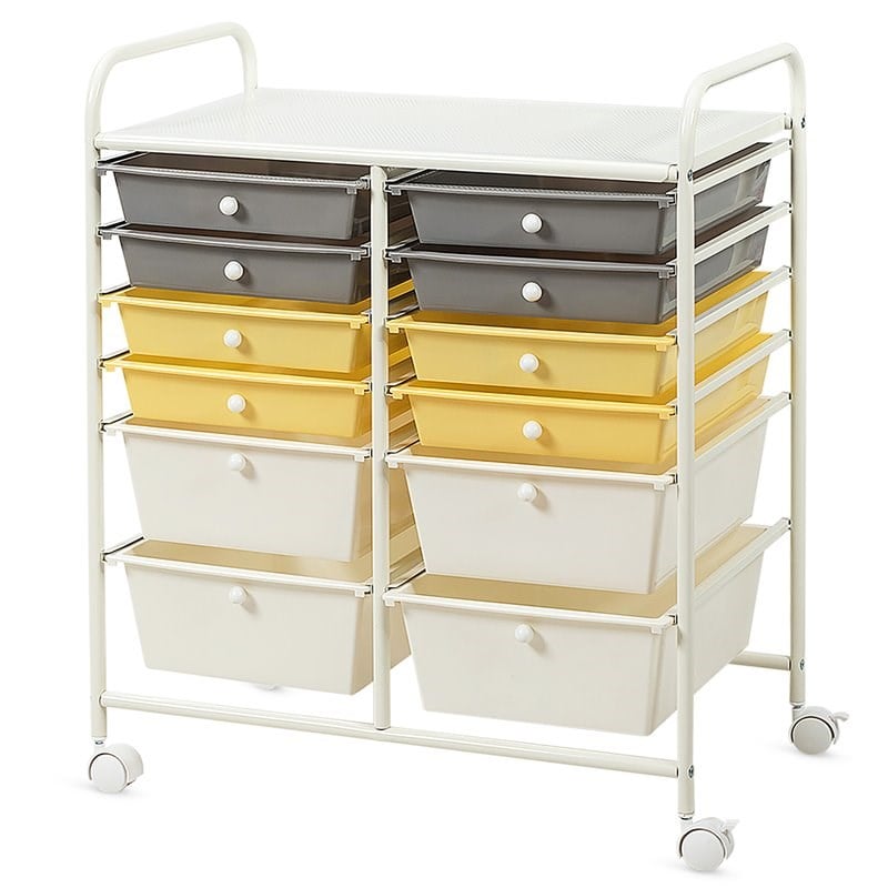 Costway 12-drawer Steel and Plastic Rolling Storage Cart in White/Yellow/Gray