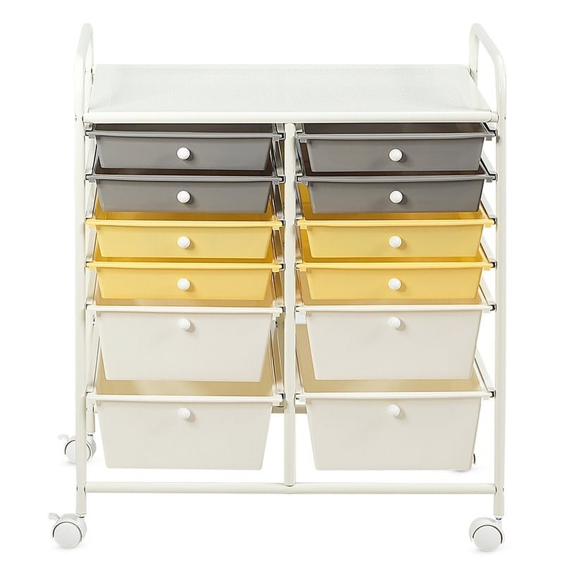 Costway 12-drawer Steel and Plastic Rolling Storage Cart in White/Yellow/Gray