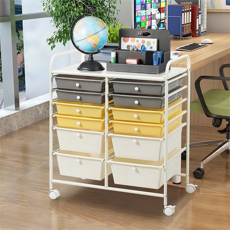 Costway 12-drawer Steel and Plastic Rolling Storage Cart in White/Yellow/Gray
