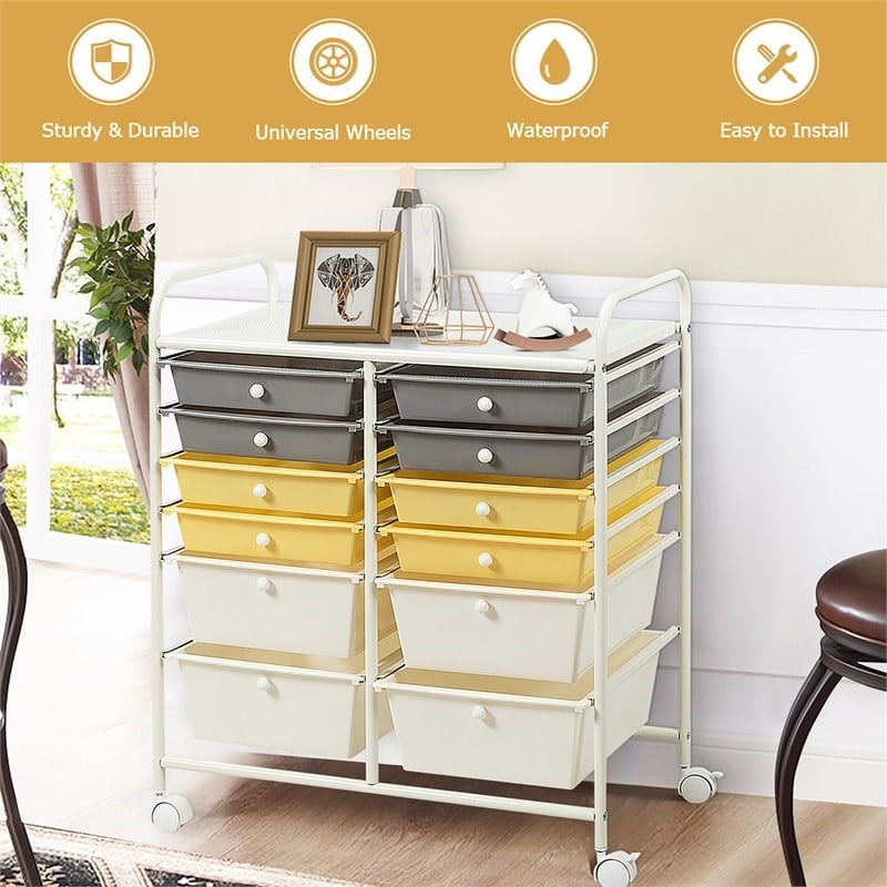 Costway 12-drawer Steel and Plastic Rolling Storage Cart in White/Yellow/Gray