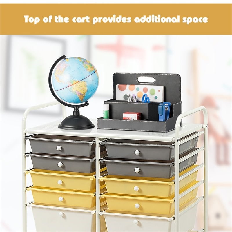 Costway 12-drawer Steel and Plastic Rolling Storage Cart in White/Yellow/Gray