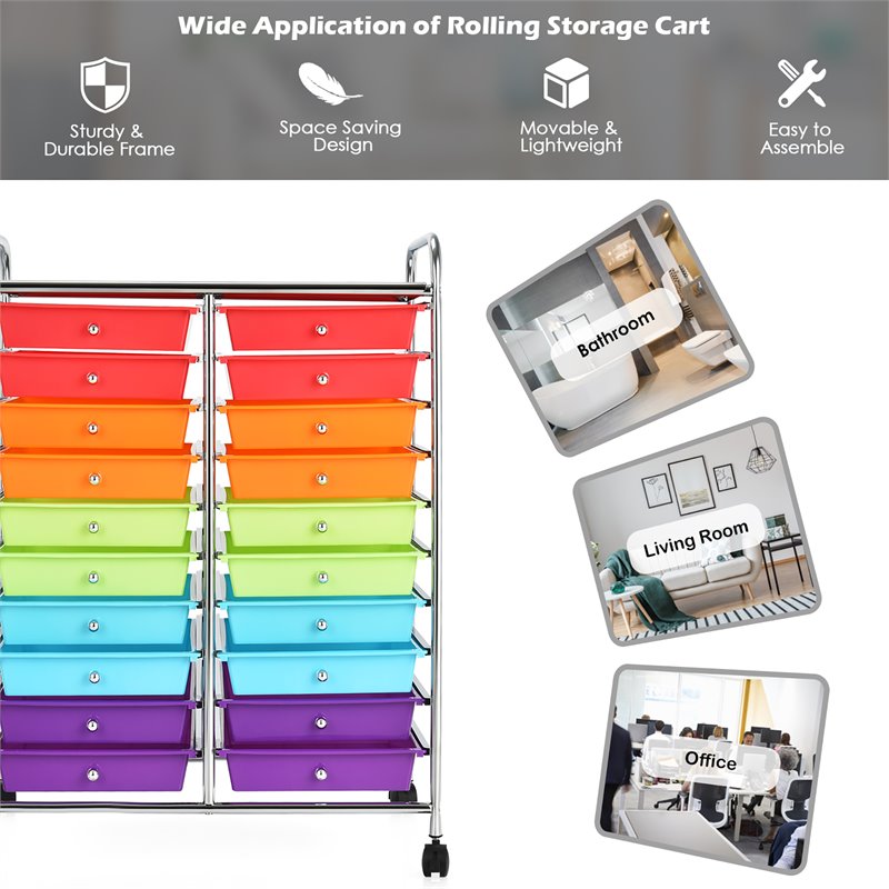 Costway 20-drawer Steel and Plastic Rolling Storage Cart in Multi-Color