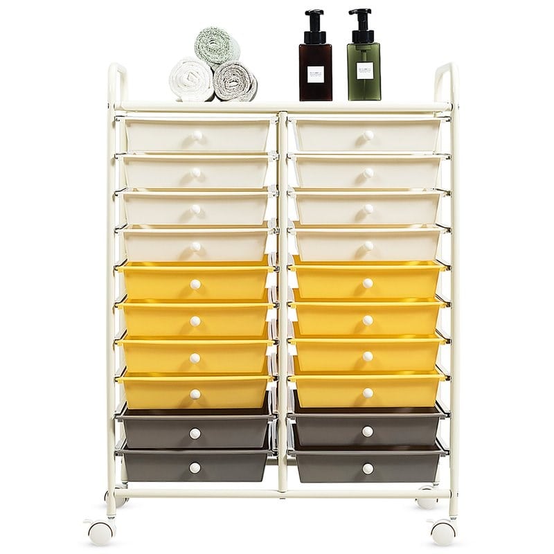 Costway 20-drawer Steel and Plastic Rolling Storage Cart in White/Yellow/Gray