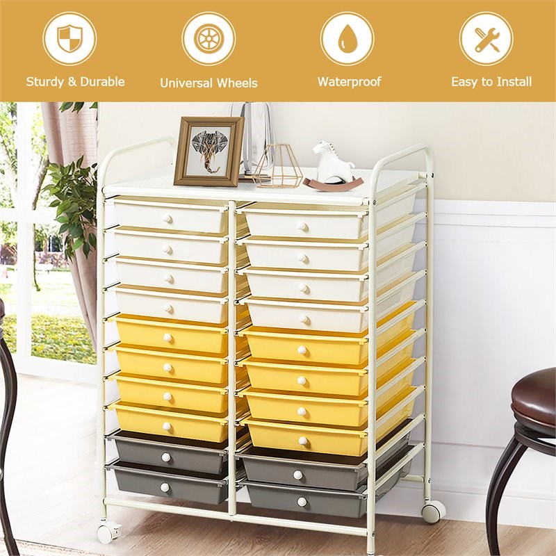 Costway 20-drawer Steel and Plastic Rolling Storage Cart in White/Yellow/Gray