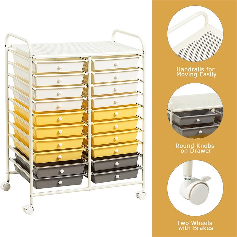 Costway 20-drawer Steel and Plastic Rolling Storage Cart in White/Yellow/Gray