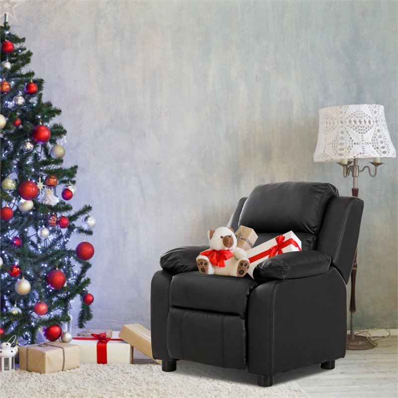 Costway Polyurethane Kids Sofa Armchair Recliner with Storage Arm in Black