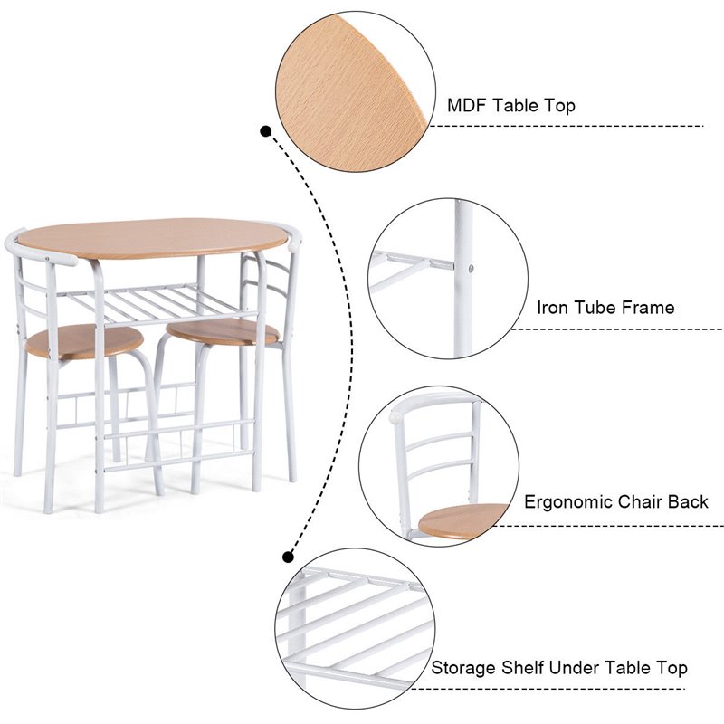 Costway 3-piece MDF and Iron Dining Set with Table and 2 Chairs in White