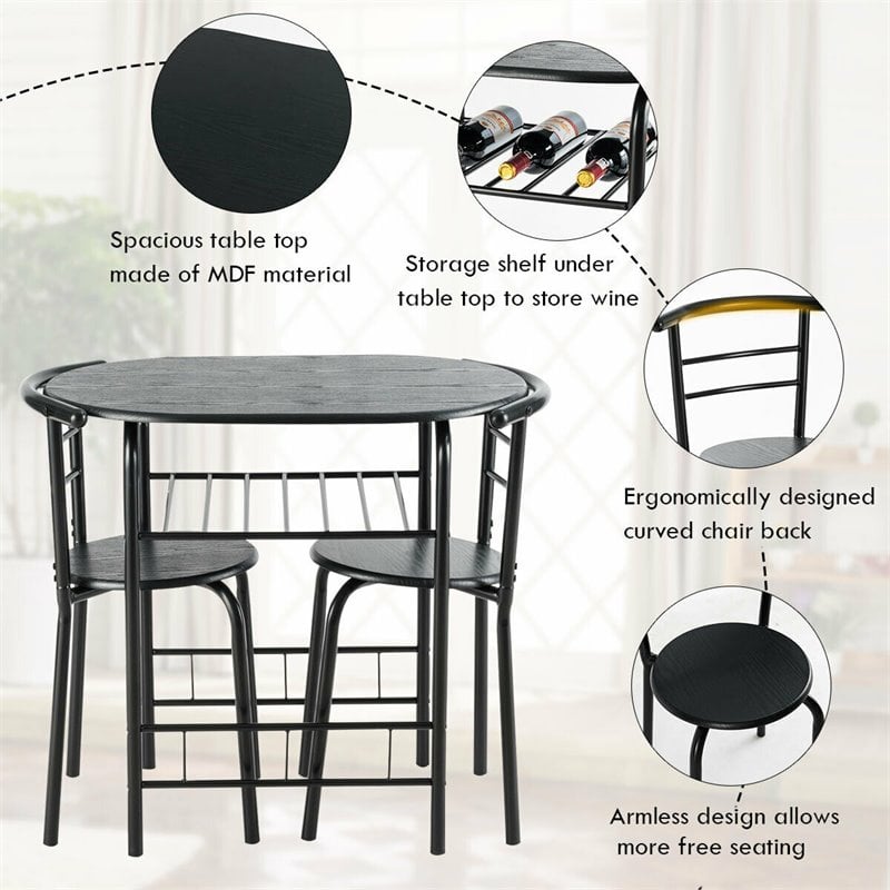 Costway 3-piece MDF and Iron Dining Set with Table and 2 Chairs in Black