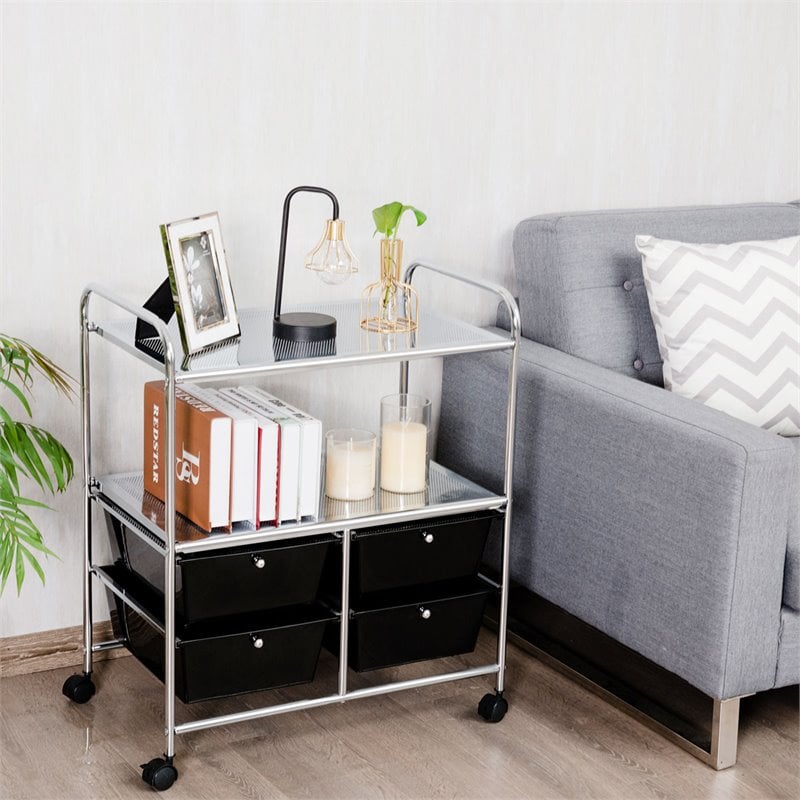 Costway 4-drawer Contemporary PP and Steel Rolling Storage Cart in Black/Silver